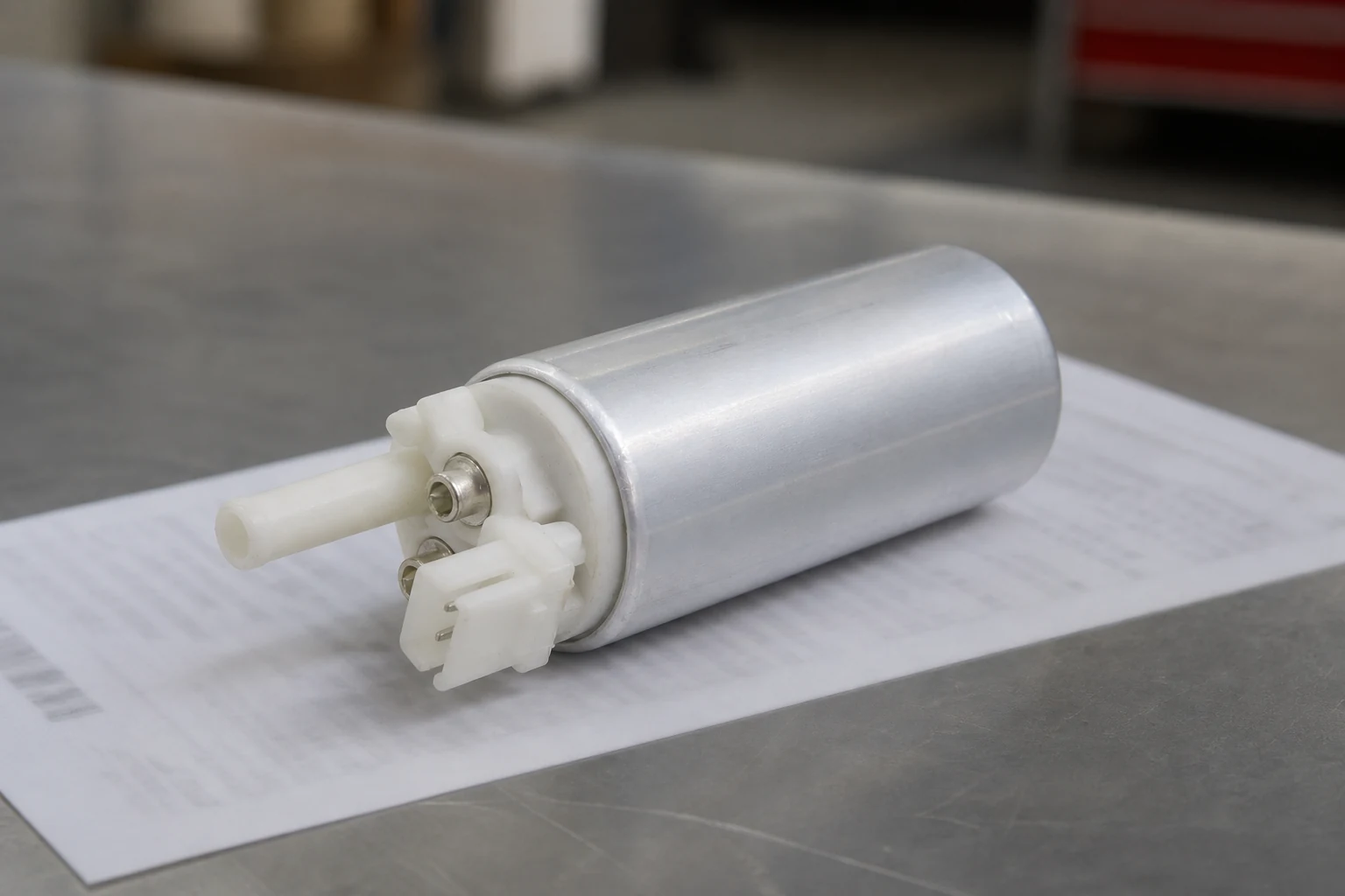 Holley Electric Fuel Pump Requests: Compare the Documented Scope First Electric fuel pump on a parts counter atop an out-of-focus printed specification sheet