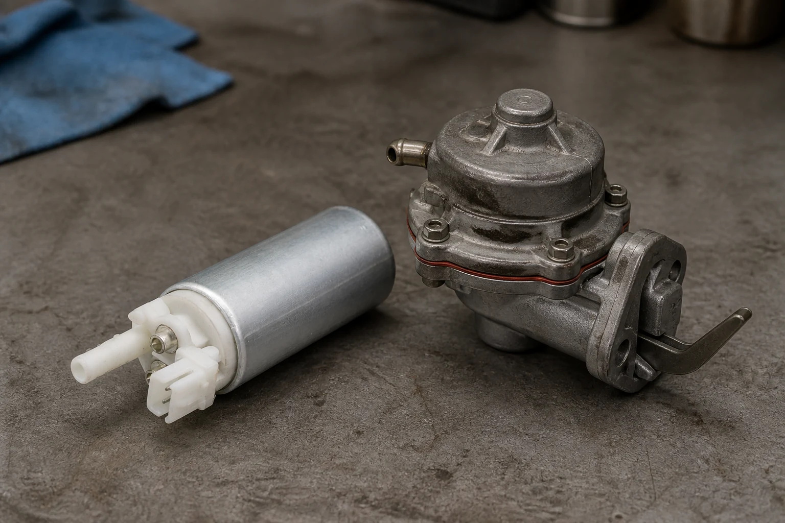 Electric fuel pump beside a cast-body cam-driven mechanical pump for a small block V8 scope comparison