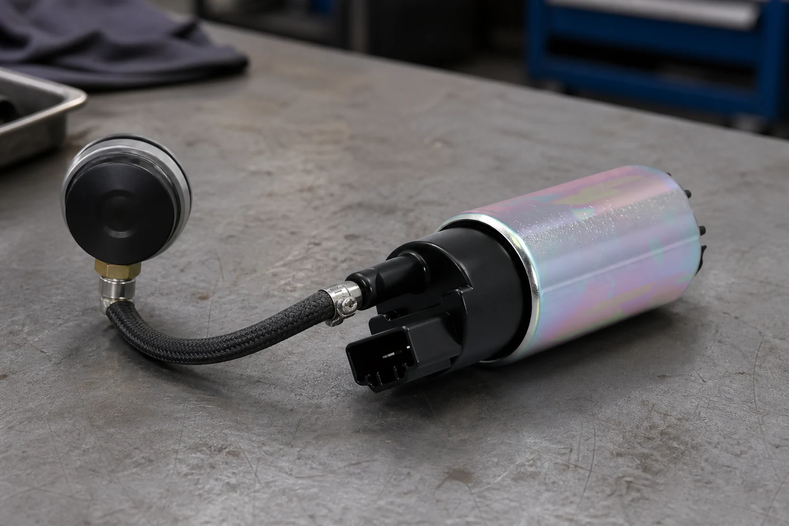 Fuel pump with a pressure test gauge connected to its outlet by a short braided hose
