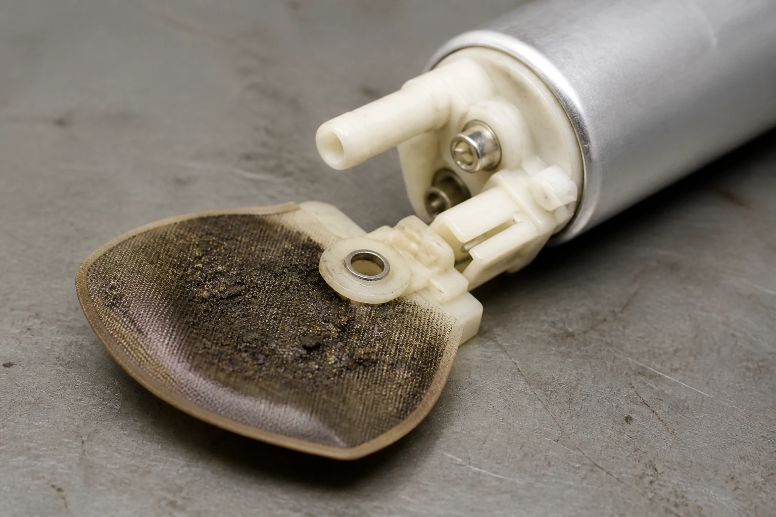 Macro view of a fuel pump intake strainer with mesh matted by dark sediment