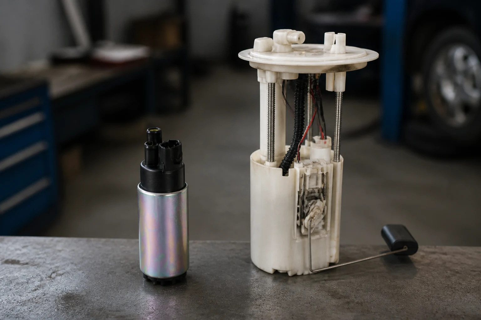 Bare high-flow fuel pump cartridge standing beside a complete factory in-tank module assembly