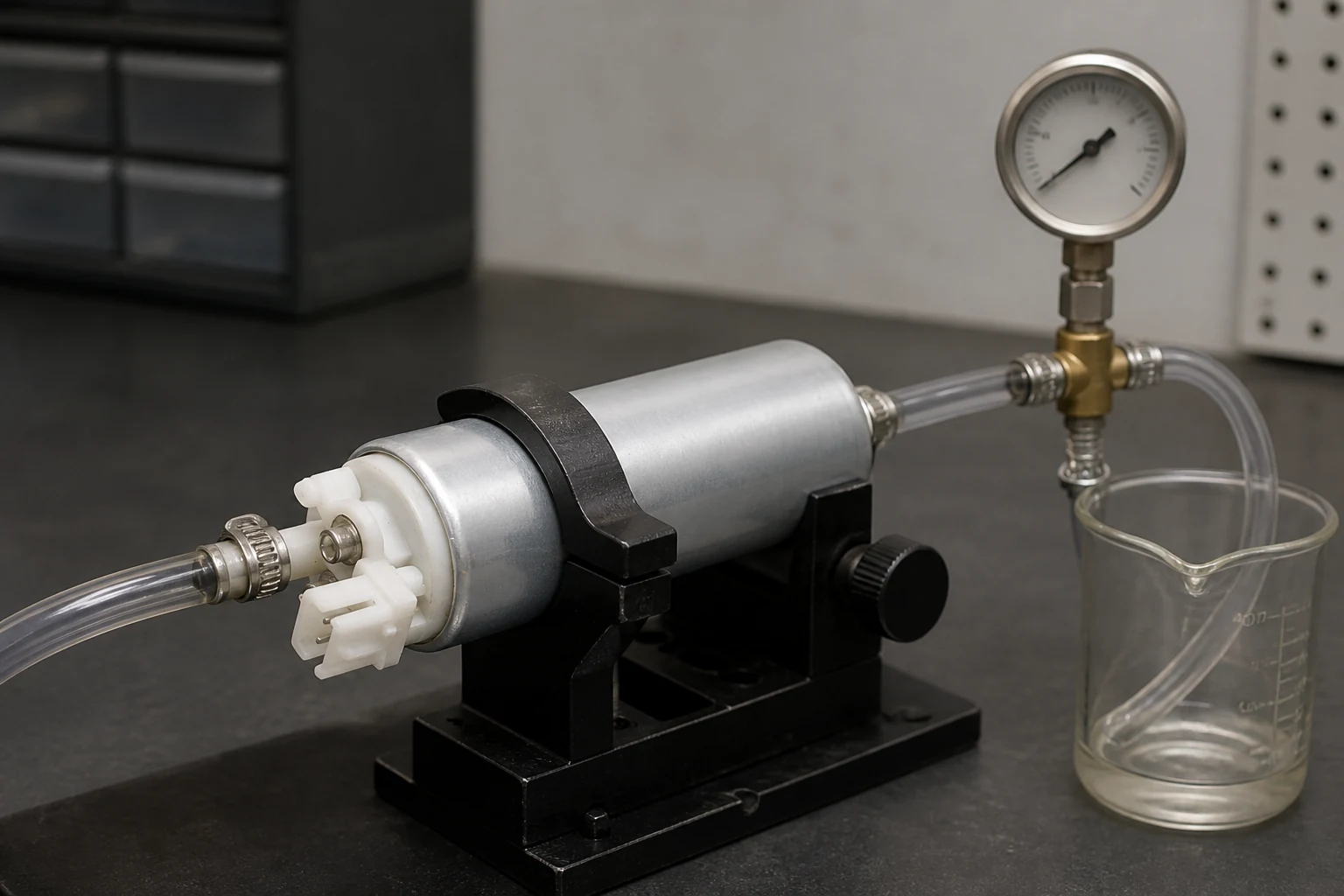 Fuel pump clamped in a bench flow-test rig with clear tubing to a graduated beaker