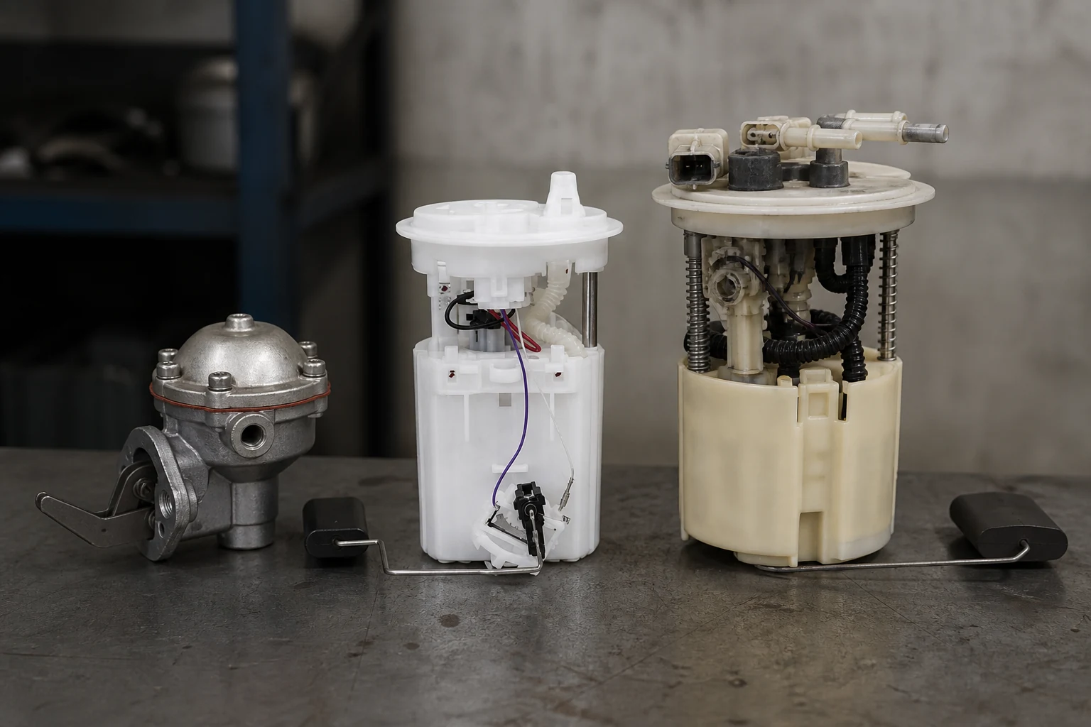 What Is a Fuel Pump? Electric, Mechanical, and Module Types Explained Electric, mechanical diaphragm and in-tank module fuel pump types laid out in a row on a bench