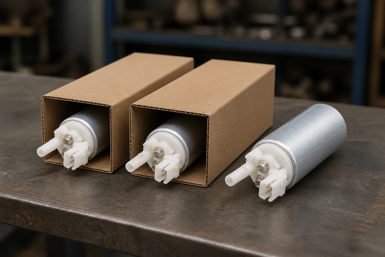 Fuel pump assemblies on a warehouse counter, two still seated in plain trade cartons