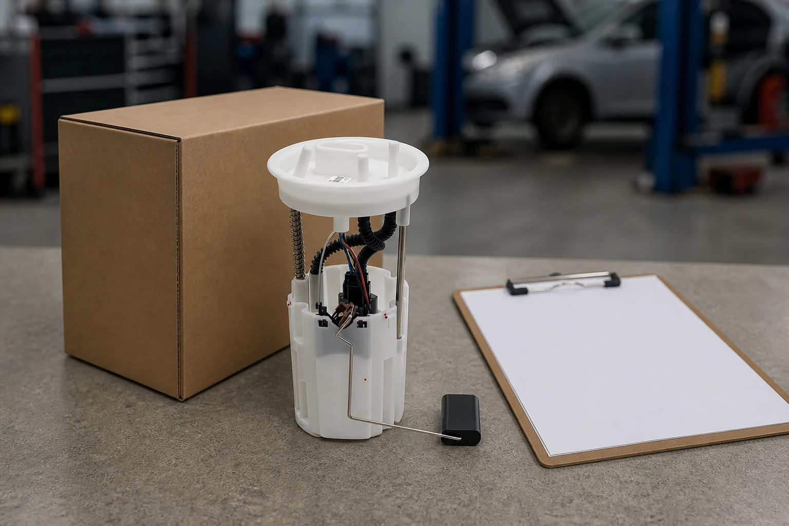 Fuel pump on a parts counter beside a plain carton and a blank quotation clipboard