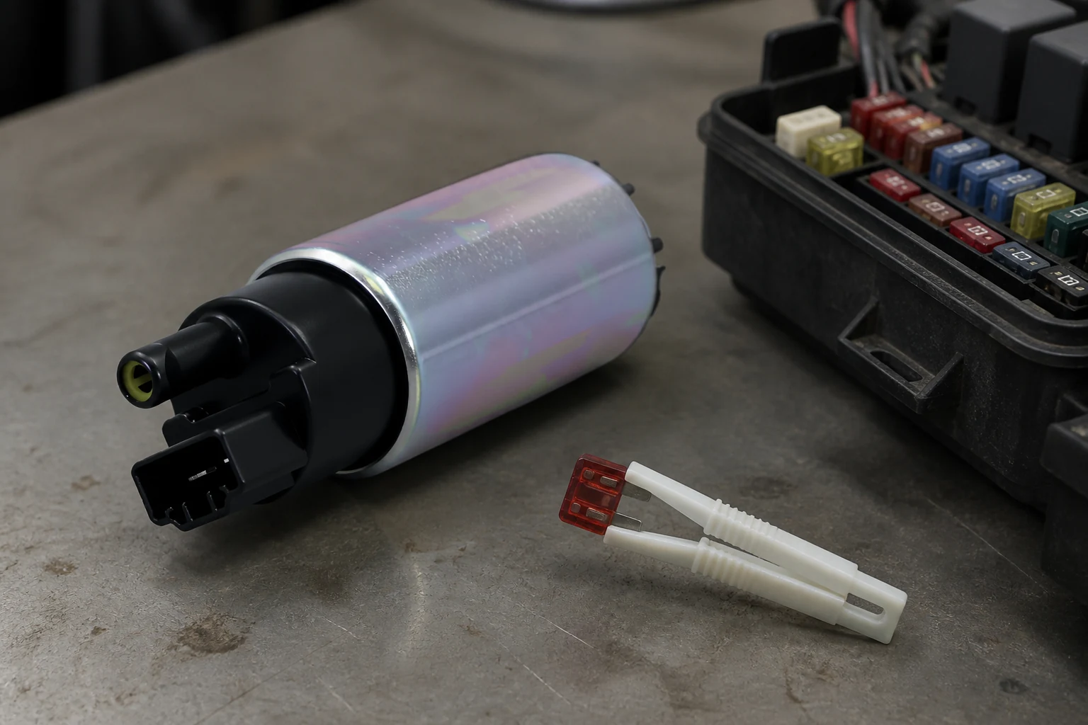 Fuel pump beside an opened fuse box and a blade fuse with a broken element held in fuse pullers