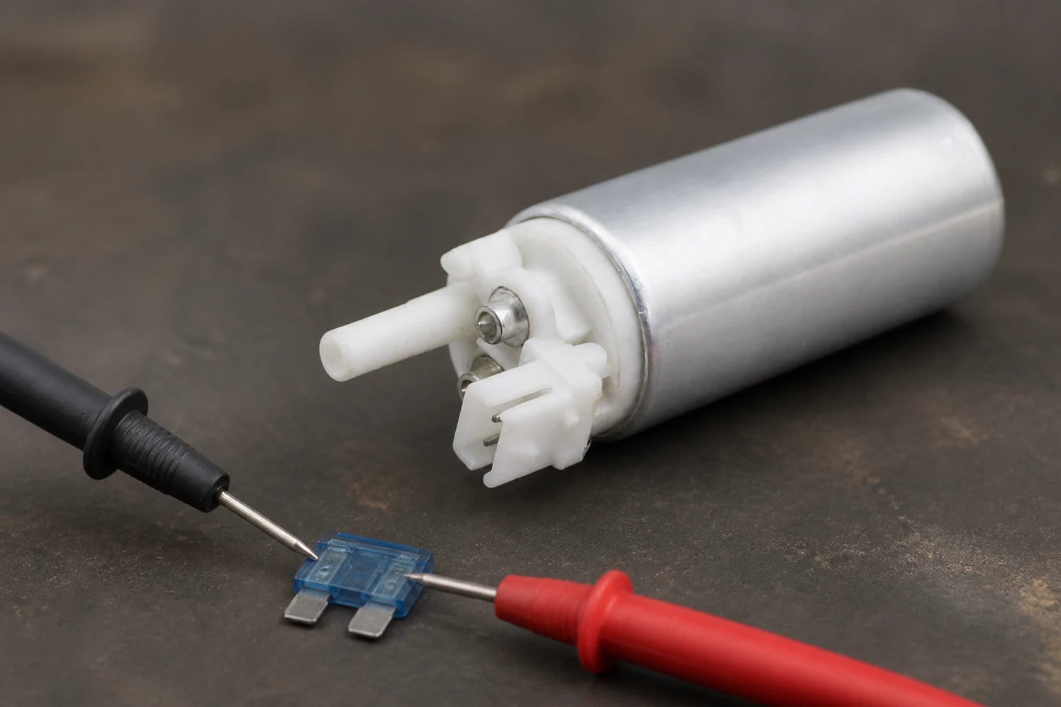 Blade fuse bridged by multimeter probes for a continuity check beside a fuel pump