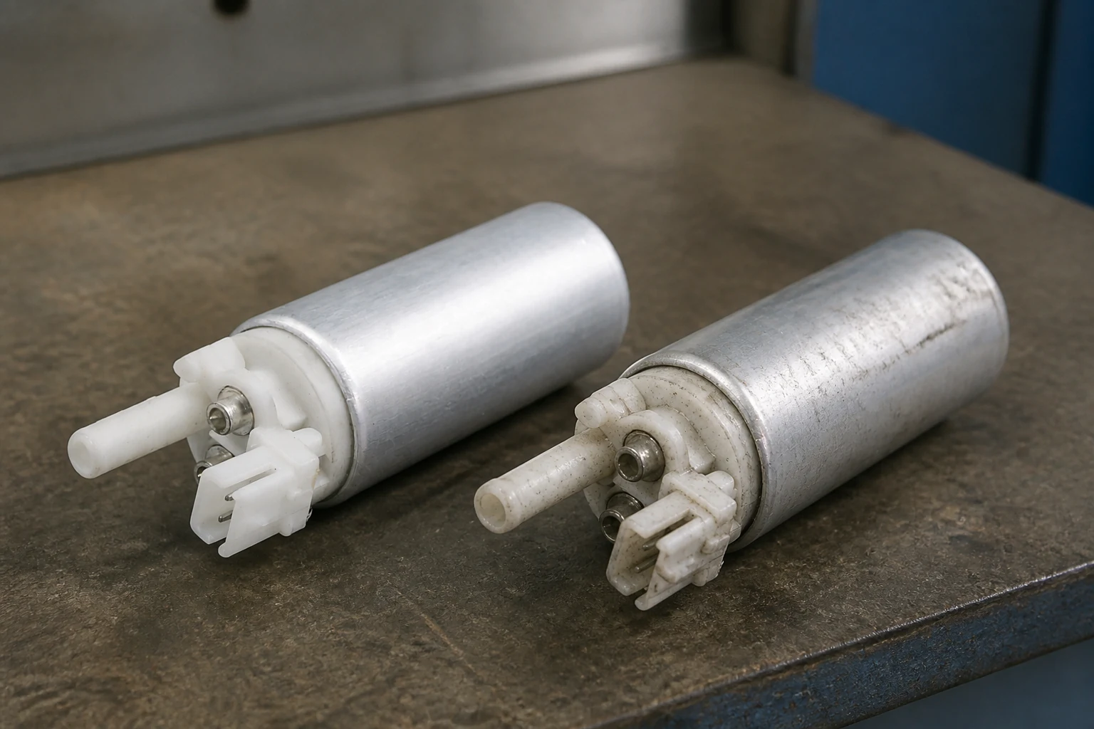 Two fuel pump assemblies compared side by side for aftermarket quality review