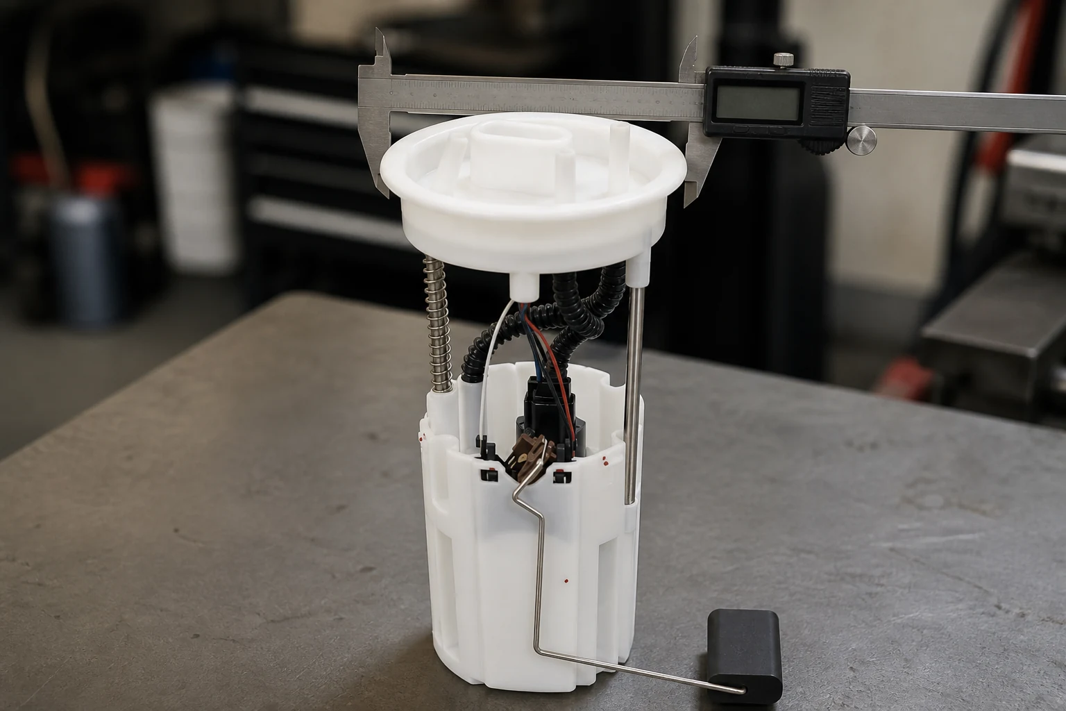 Calipers checking the flange dimensions of a fuel pump assembly during a fitment check
