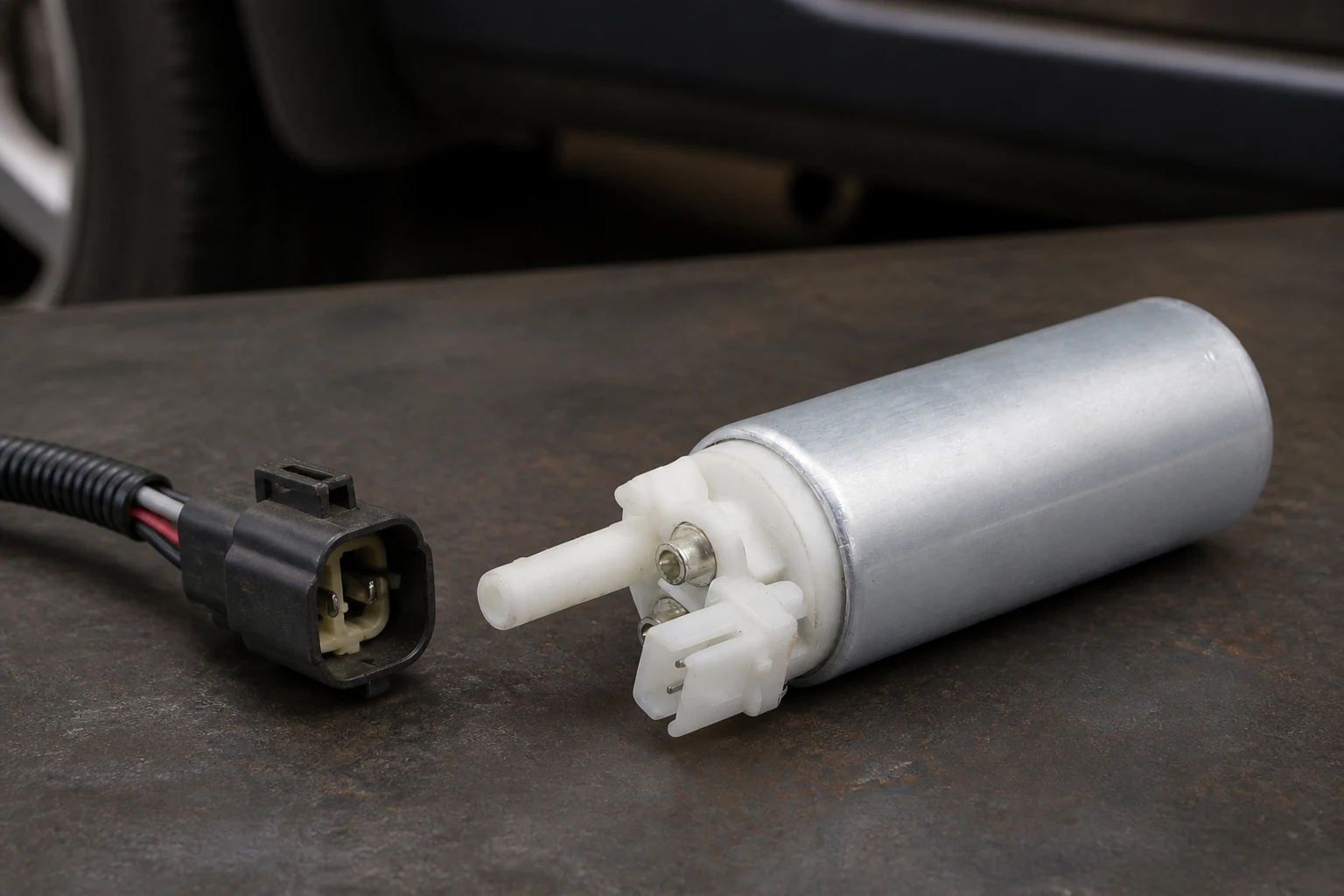 Fuel pump beside a non-matching vehicle harness plug illustrating a connector fitment mismatch
