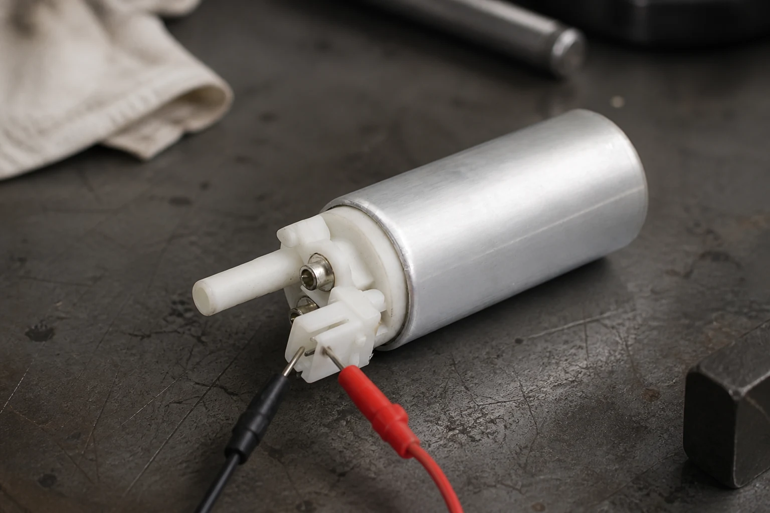 Multimeter leads backprobing a fuel pump connector during a power-side voltage check