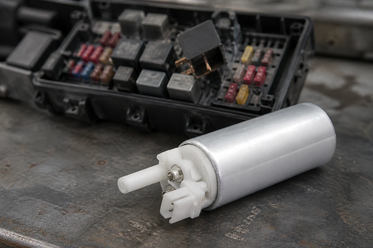 Fuel pump in front of an opened fuse and relay box with a relay lifted from its socket