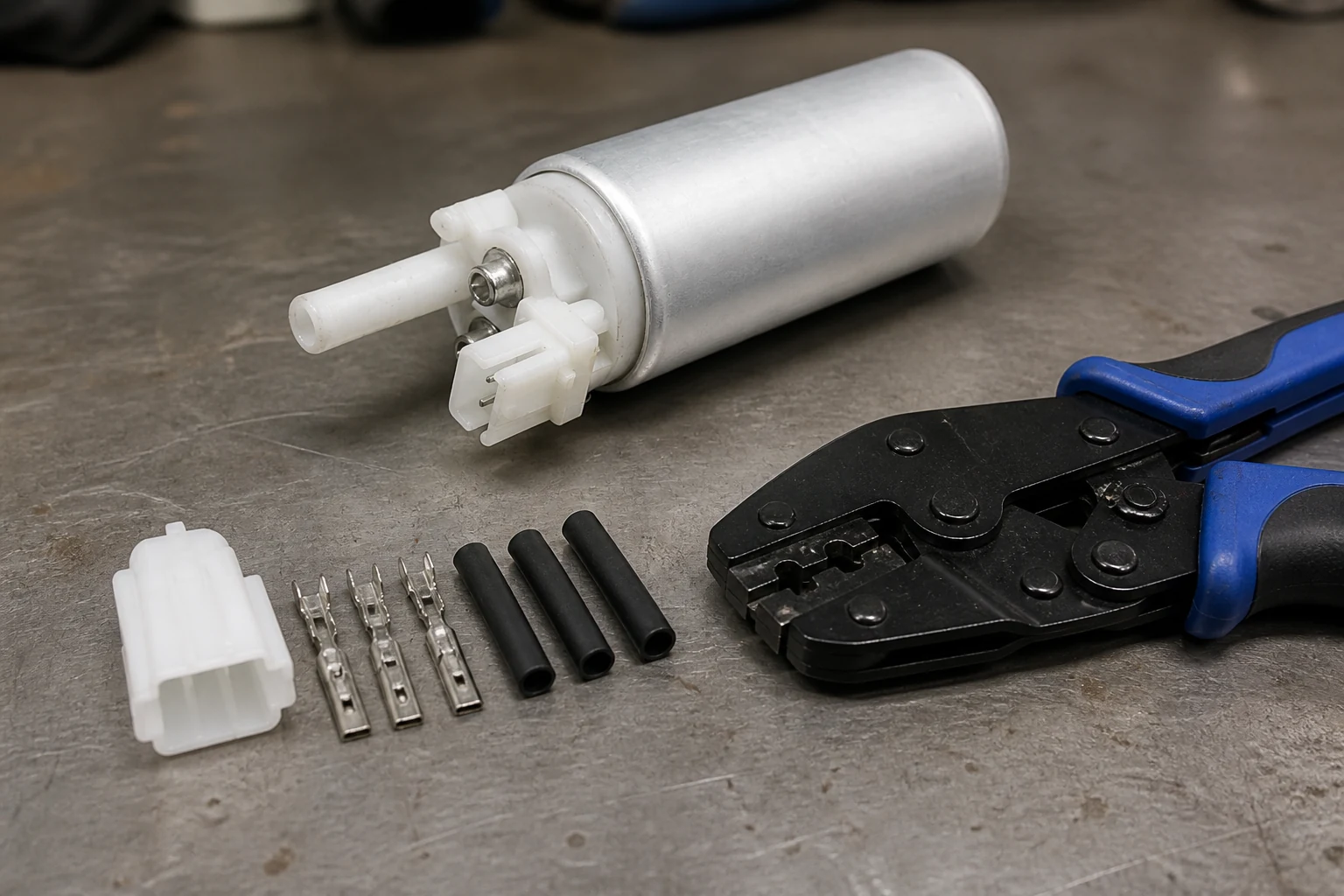 Fuel Pump Harness Connector Pigtail Repair Kits: Spec Notes for Parts Counters Fuel pump beside a harness pigtail repair kit with crimp terminals, heat-shrink sleeves and a crimp tool