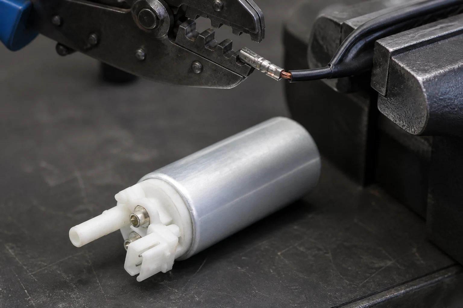 Fuel Pump Harness Connector Pigtail Repair Kits: Spec Notes for Parts Counters Fuel pump harness lead held in a vise while a terminal is crimped onto the stripped wire