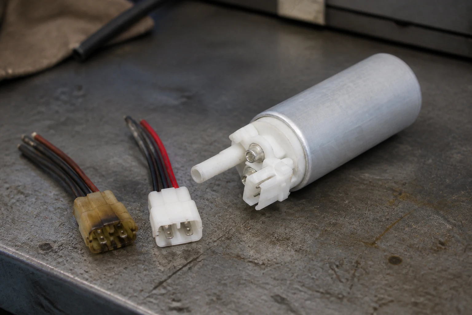Fuel Pump Harness Connector Pigtail Repair Kits: Spec Notes for Parts Counters Heat-discoloured fuel pump connector beside a clean replacement pigtail plug of the same shape