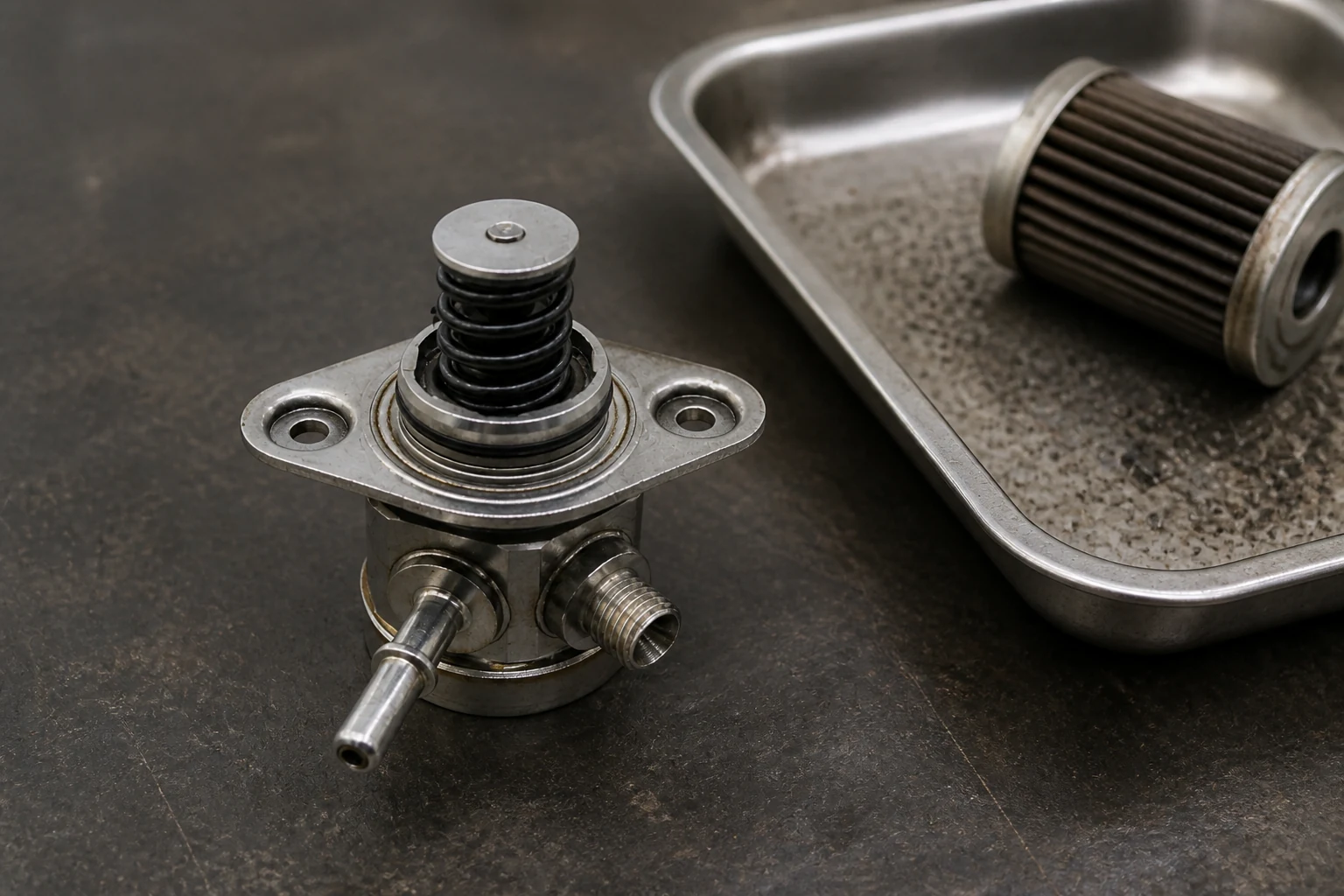 High pressure fuel pump beside a parts tray with metallic debris and a contaminated filter element