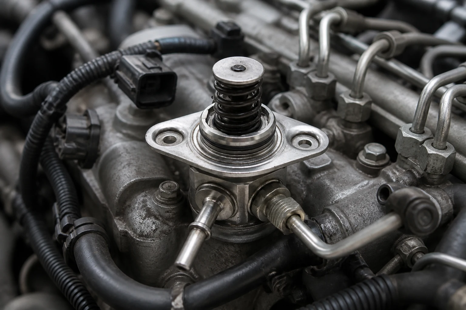 High pressure fuel pump mounted on a diesel engine with high pressure lines to the common rail