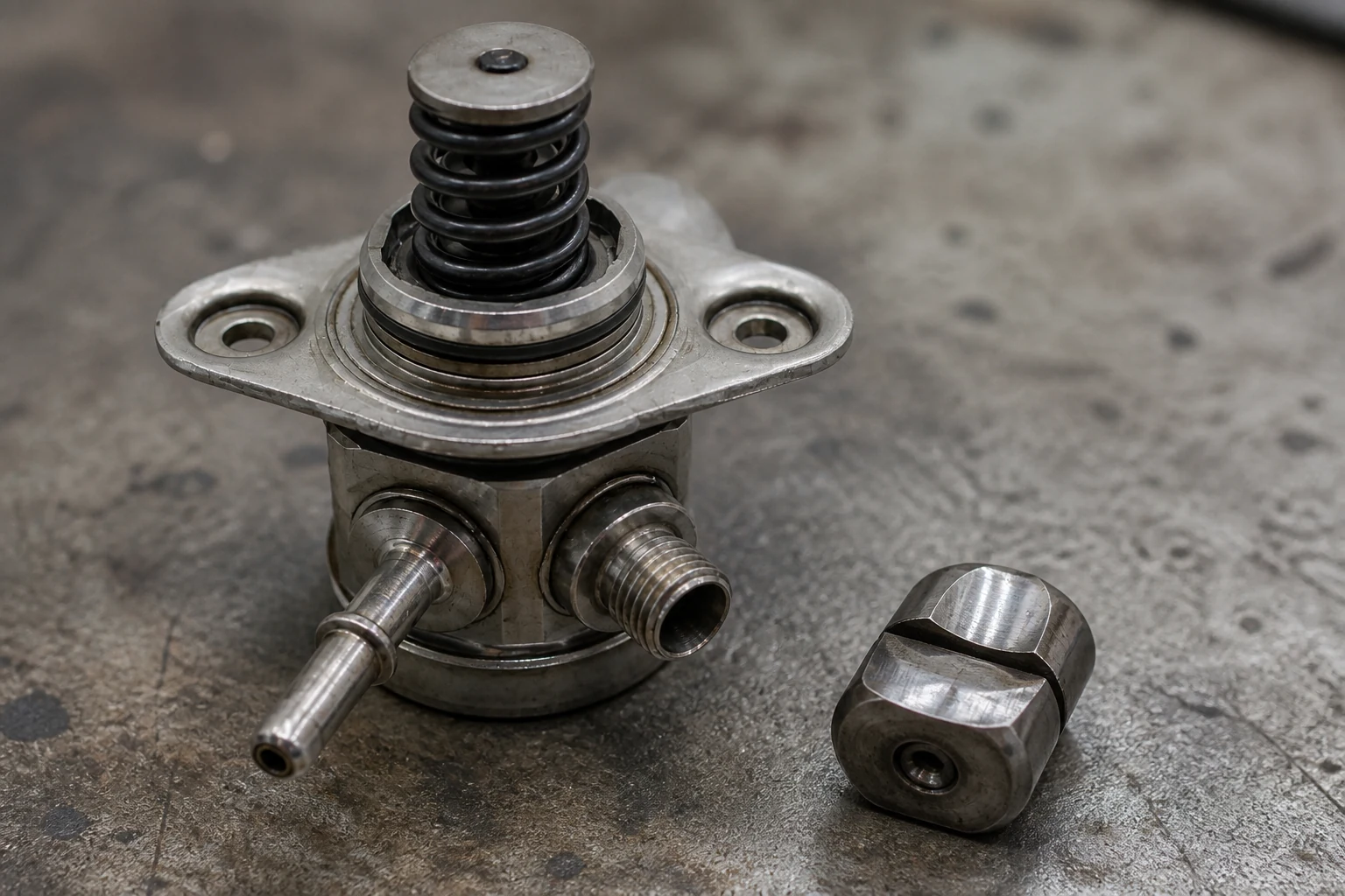 Macro view of a high pressure fuel pump drive end with its cam follower showing contact wear