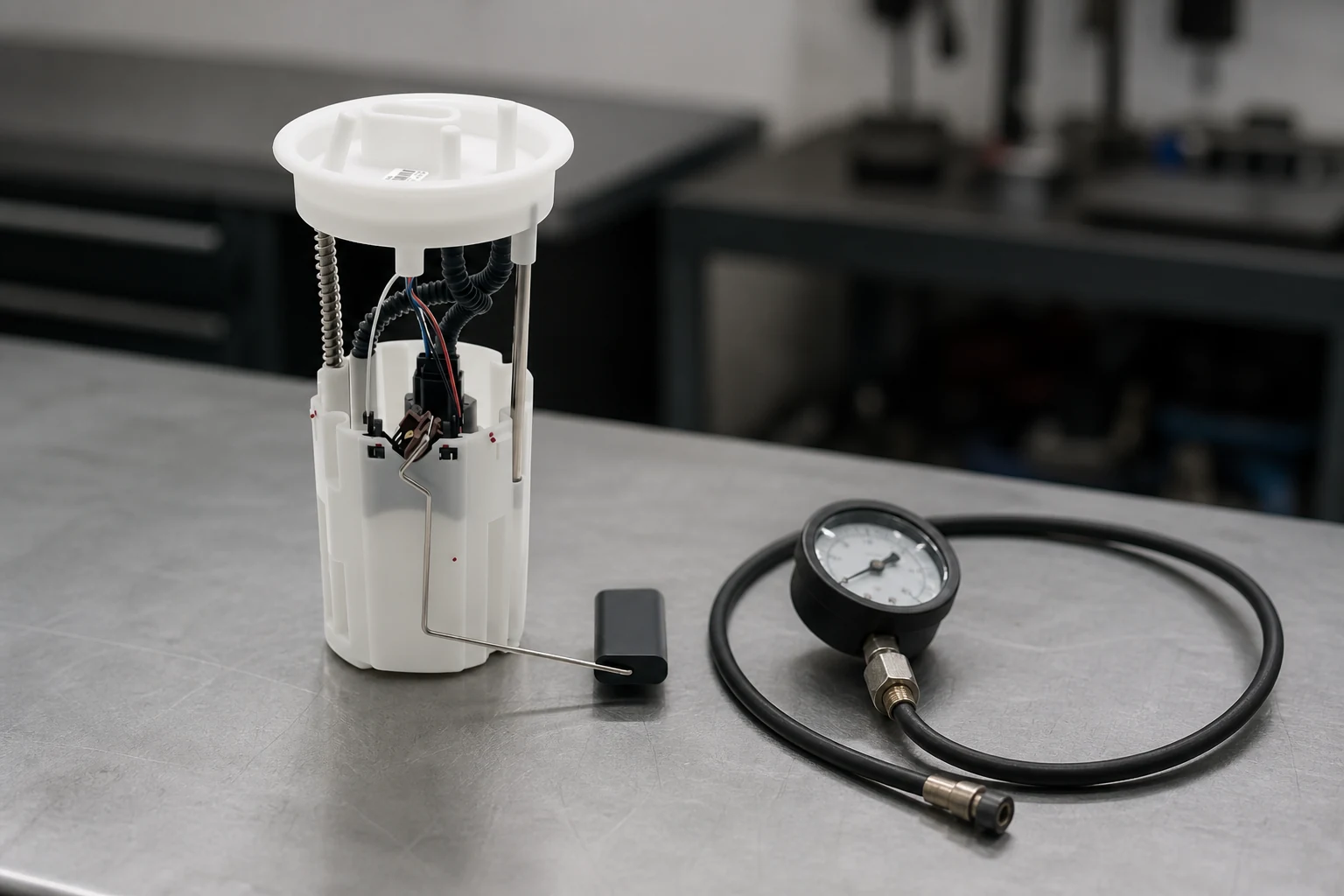 In-tank fuel pump module assembly on a bench beside a fuel pressure test gauge during assembly symptom triage