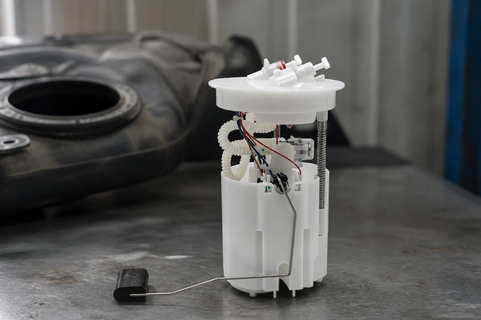 Fuel pump module assembly lifted from the tank with a sediment-darkened intake strainer