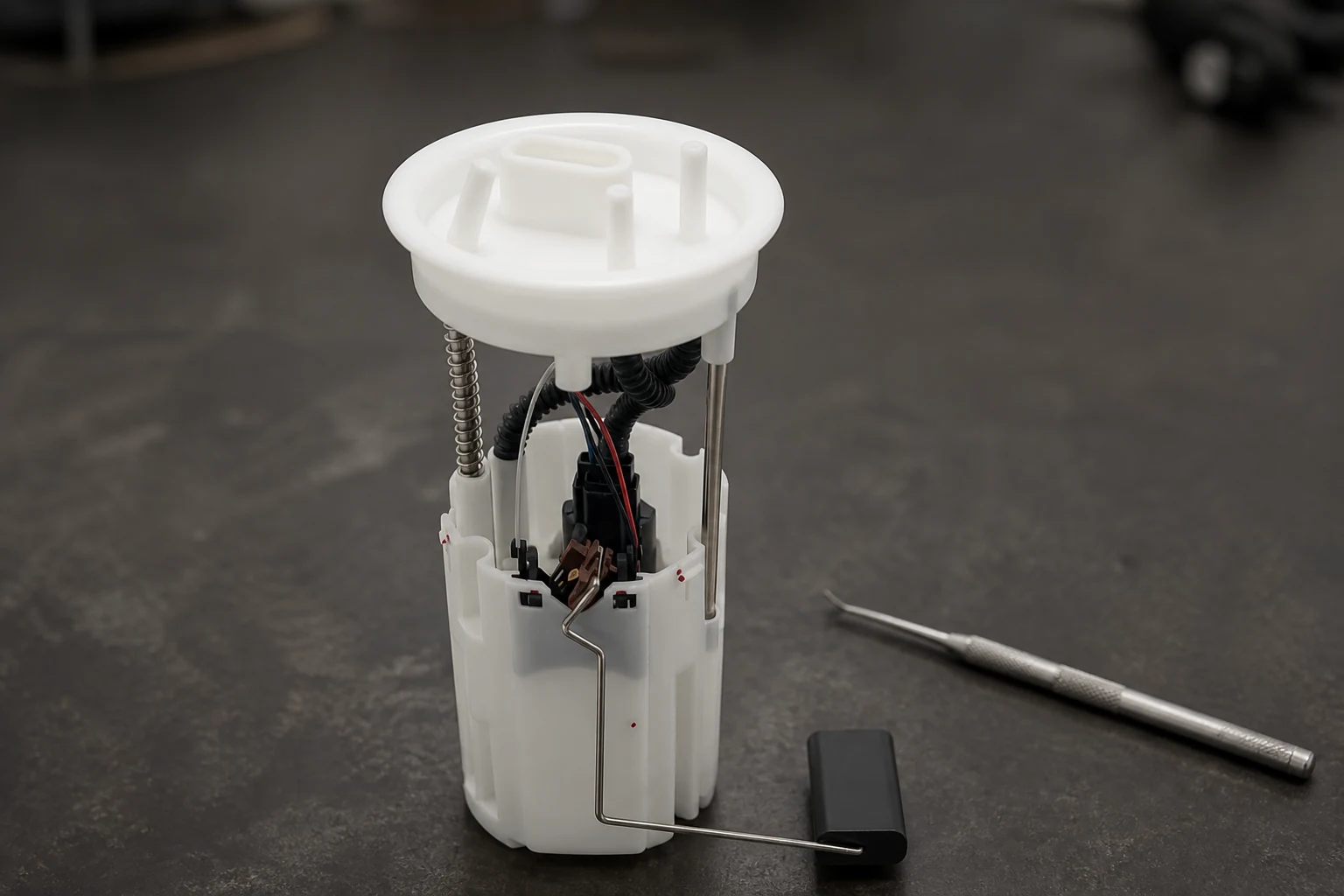 Close view of a fuel pump module flange plate and electrical connector during terminal inspection