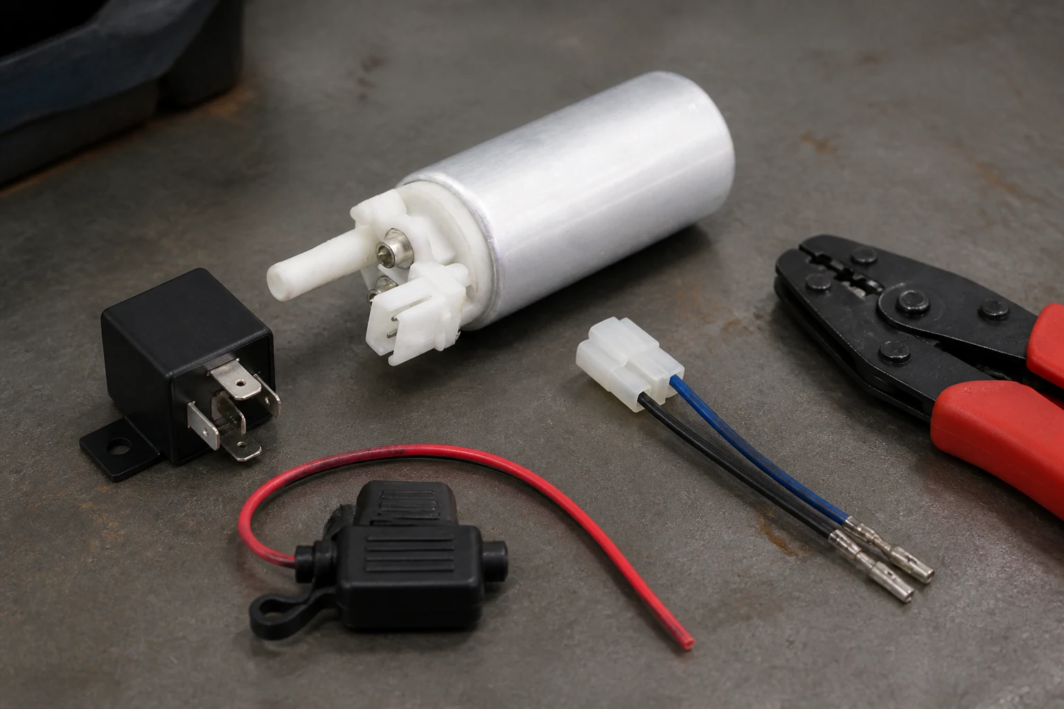 Ron Francis Wiring Electric Fuel Pump Relay Kit: Wiring and Installation Guide Electric fuel pump laid out with an ISO relay, inline fuse holder and crimp pigtail for a relay-kit wiring build