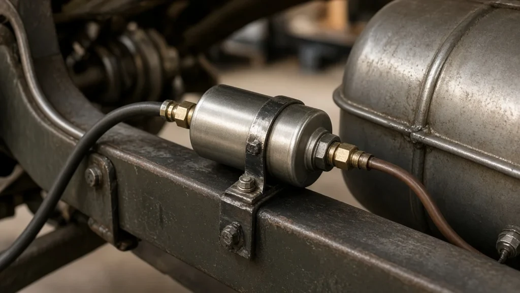 Six-volt inline electric fuel pump on a classic chassis fuel line