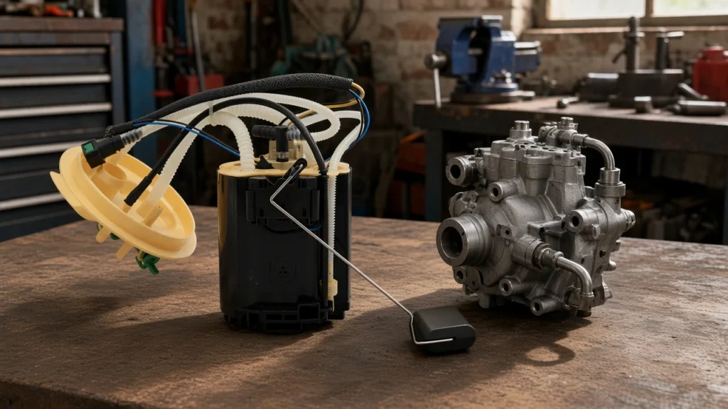 Diesel fuel pump assembly on a bench beside a separate inline injection pump