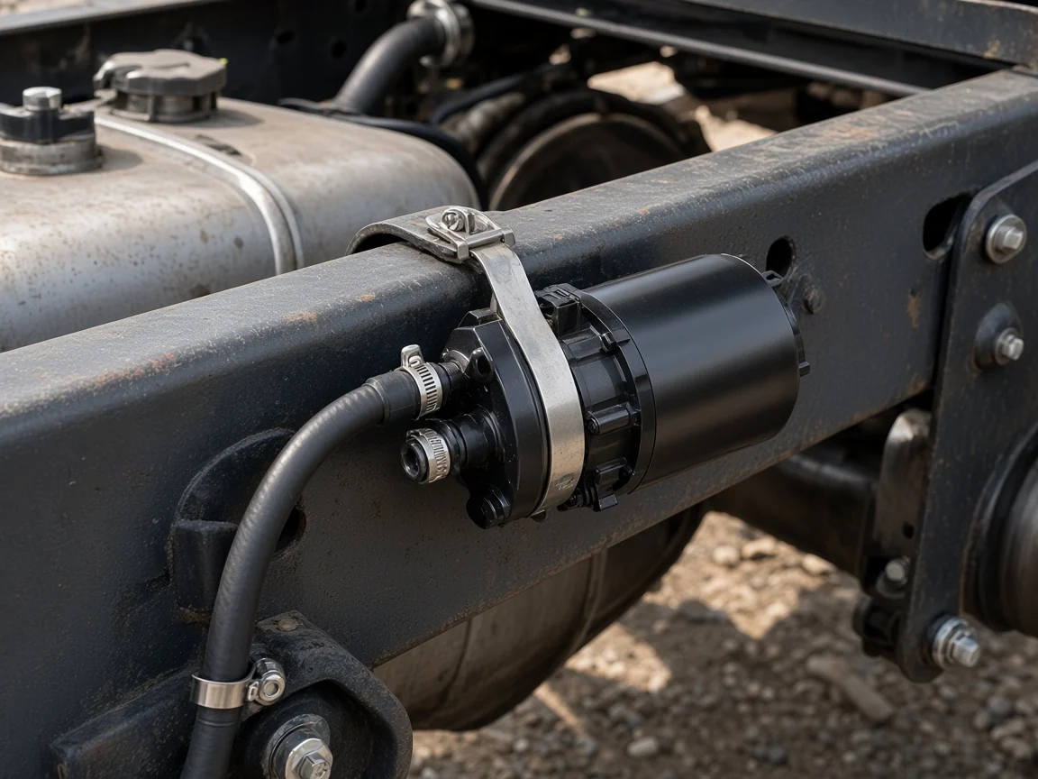 External inline supply pump mounted low on a diesel truck frame rail
