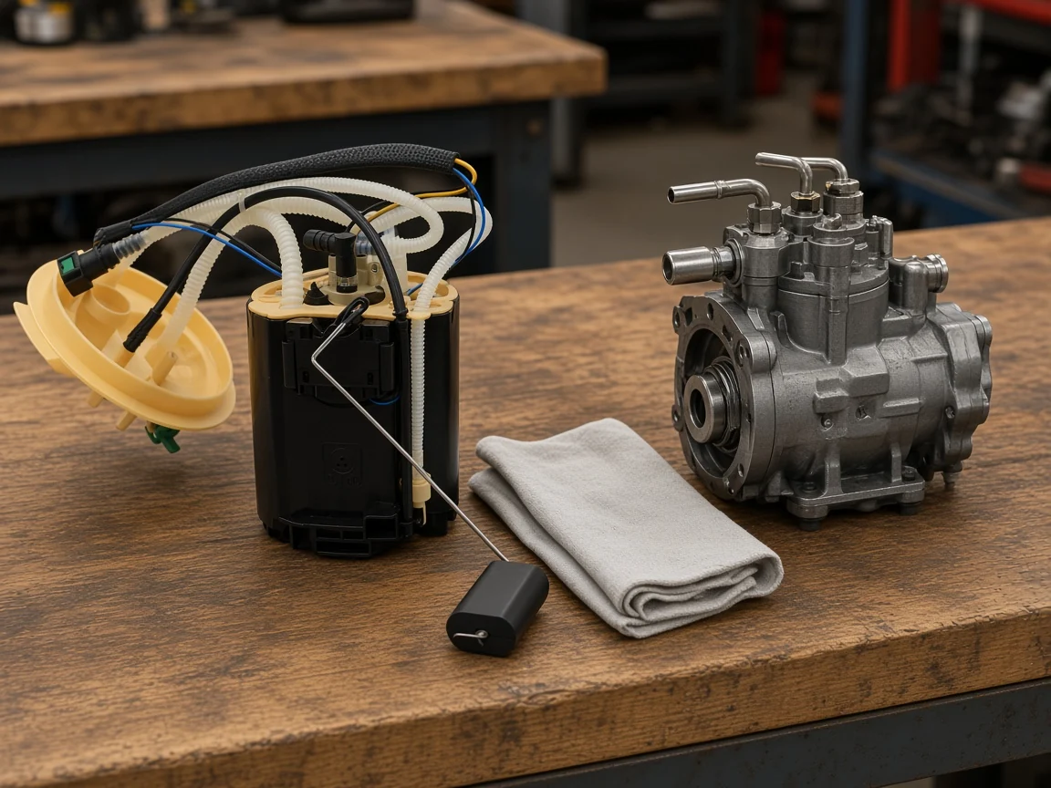 In-tank diesel pump module beside a metal inline injection pump on a shop bench