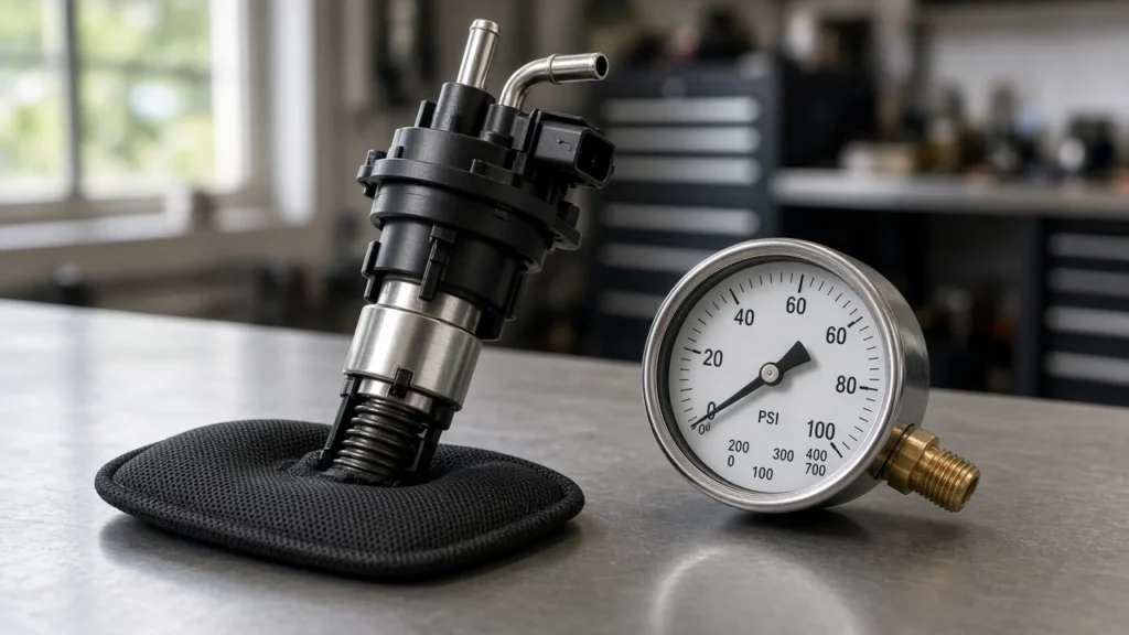 Passenger-car electric fuel pump module on a workbench with a fuel pressure gauge