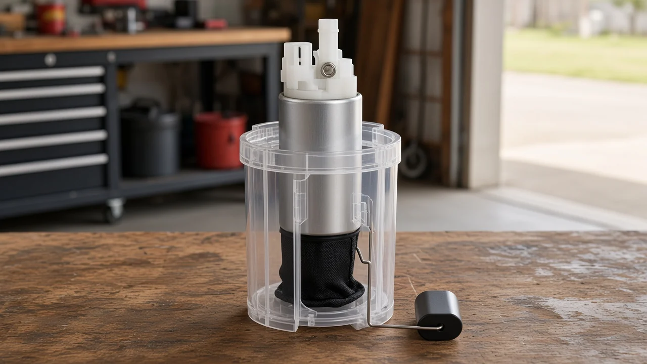 What Causes a Fuel Pump Module to Go Bad Electric fuel pump standing in a clear module basket with a float arm