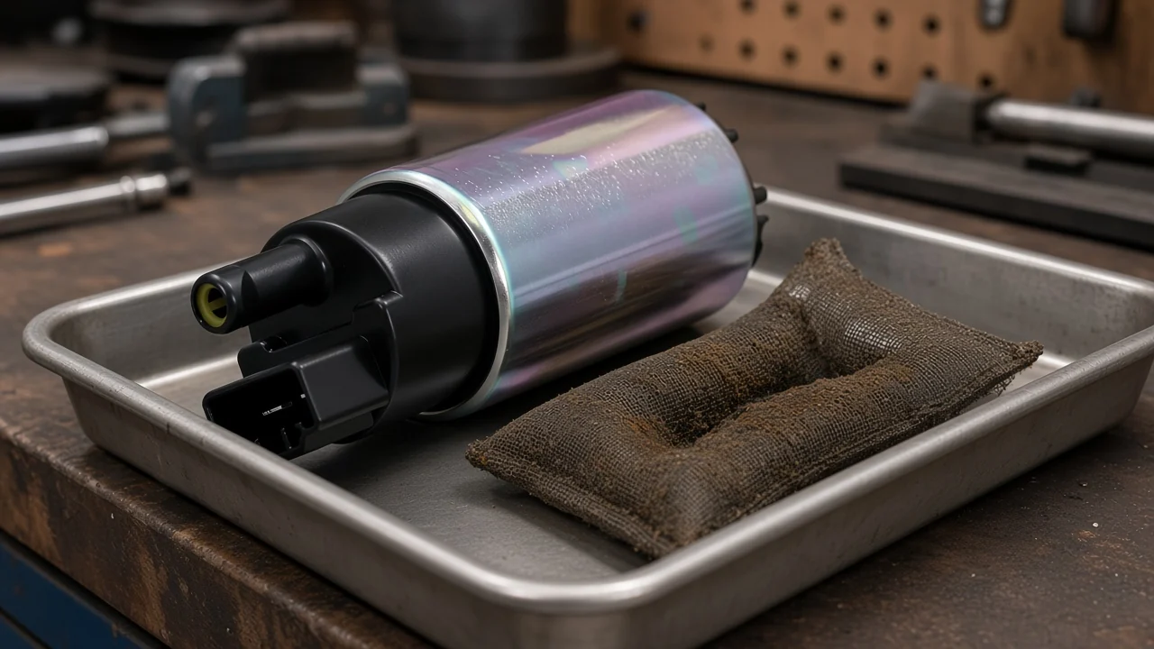 What Causes a Fuel Pump Module to Go Bad Electric fuel pump next to a rust-stained strainer sock in a metal tray
