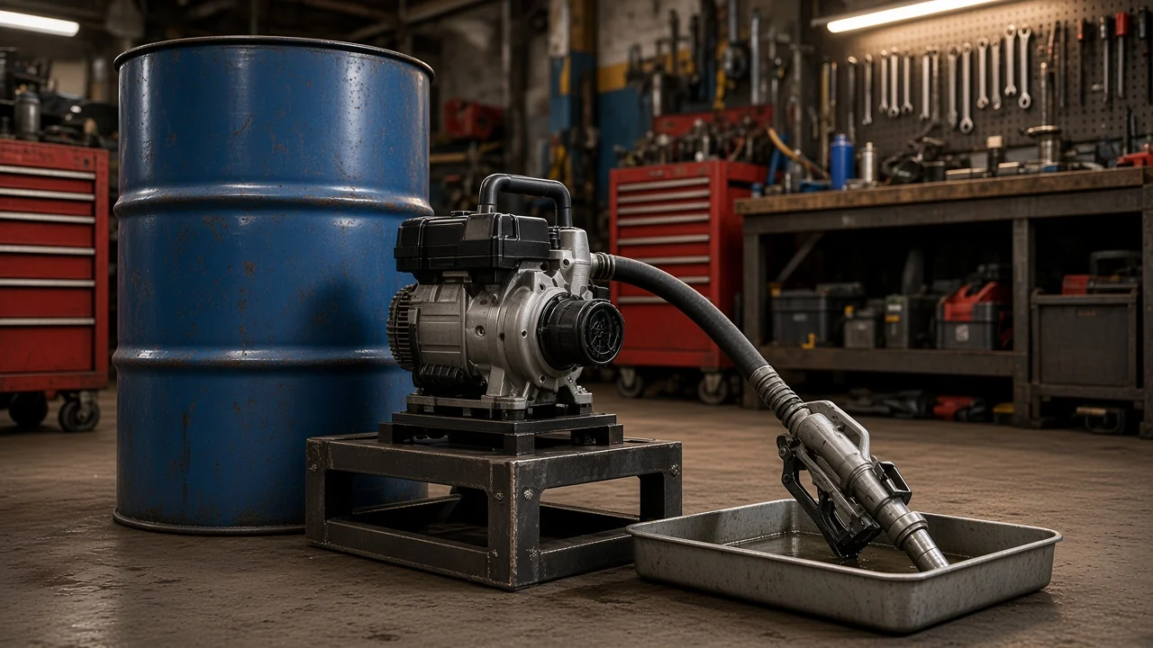 How to buy a portable diesel fuel pump that really is a transfer pump Portable diesel transfer pump with hose and nozzle beside a drum