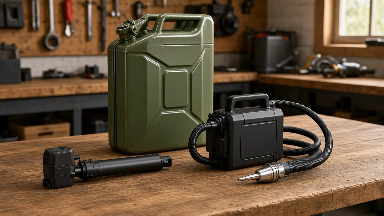 How to buy a portable diesel fuel pump that really is a transfer pump Battery stick pump and a larger portable transfer pump on a workbench