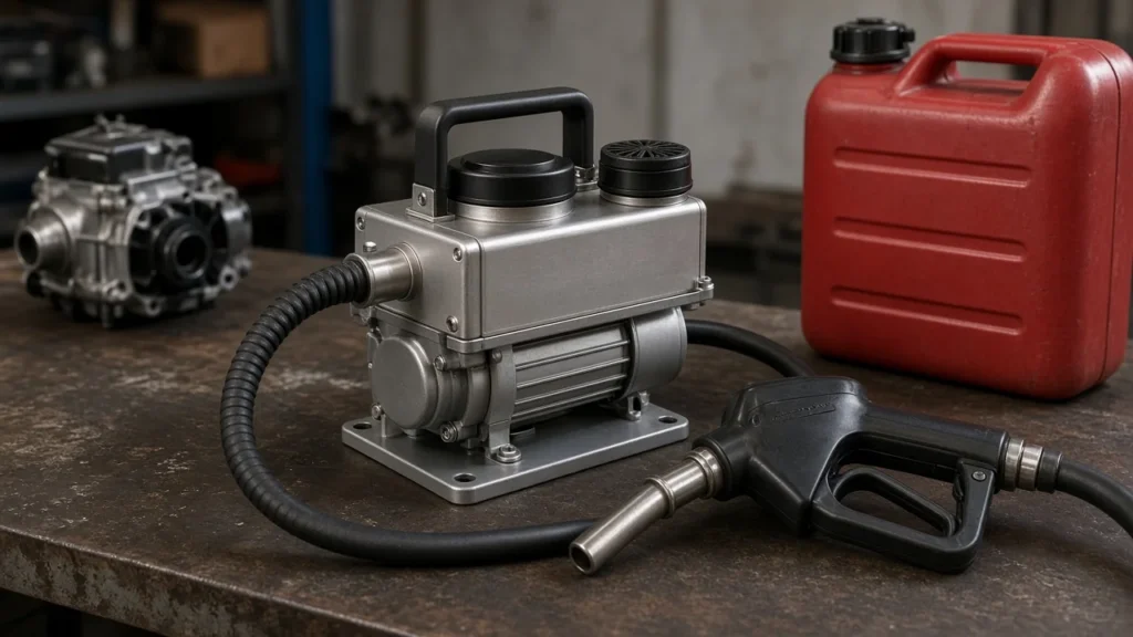 Portable electric fuel transfer pump with hose beside a fuel can