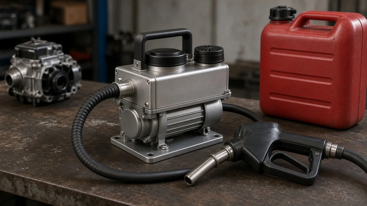 How to choose a portable electric fuel pump for transfer duty Portable electric fuel transfer pump with hose beside a fuel can