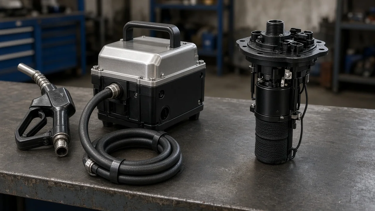 How to choose a portable electric fuel pump for transfer duty Portable transfer hose kit beside a vehicle-style electric fuel pump module
