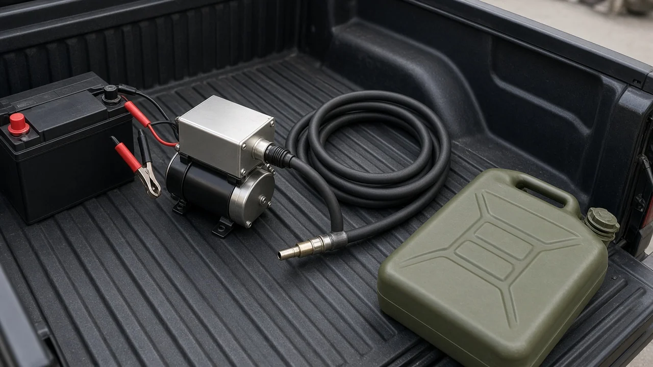 How to choose a portable electric fuel pump for transfer duty Twelve-volt portable electric fuel transfer pump clipped near a battery