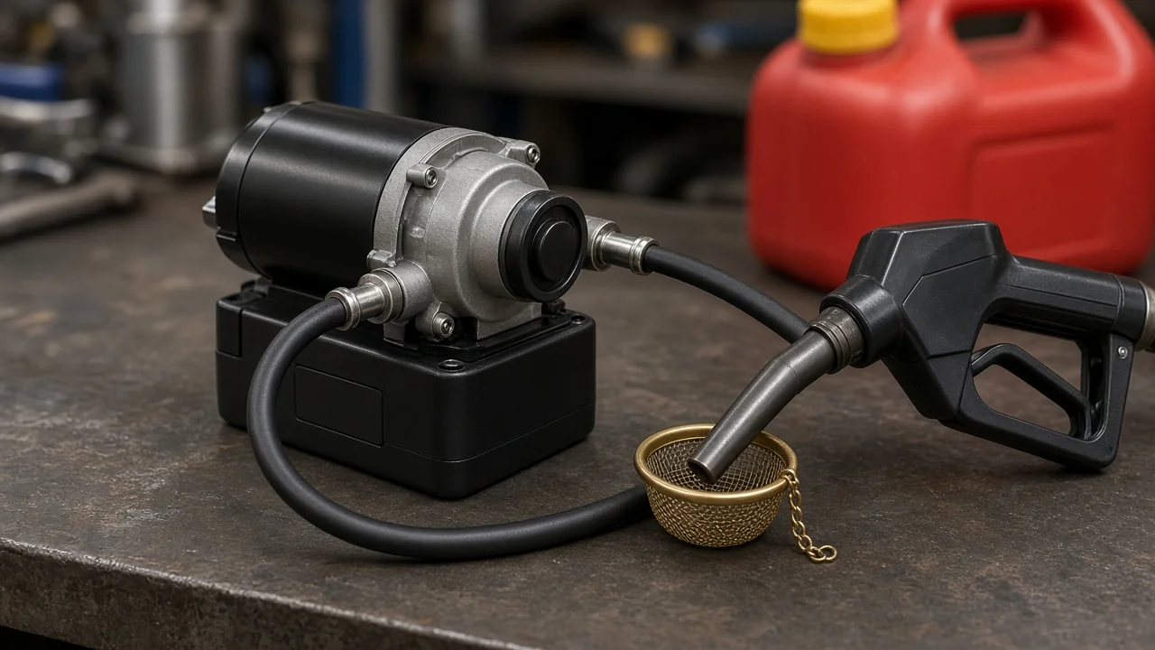 How to choose a portable electric fuel pump for transfer duty Fuel-rated transfer hose and nozzle on a portable electric pump