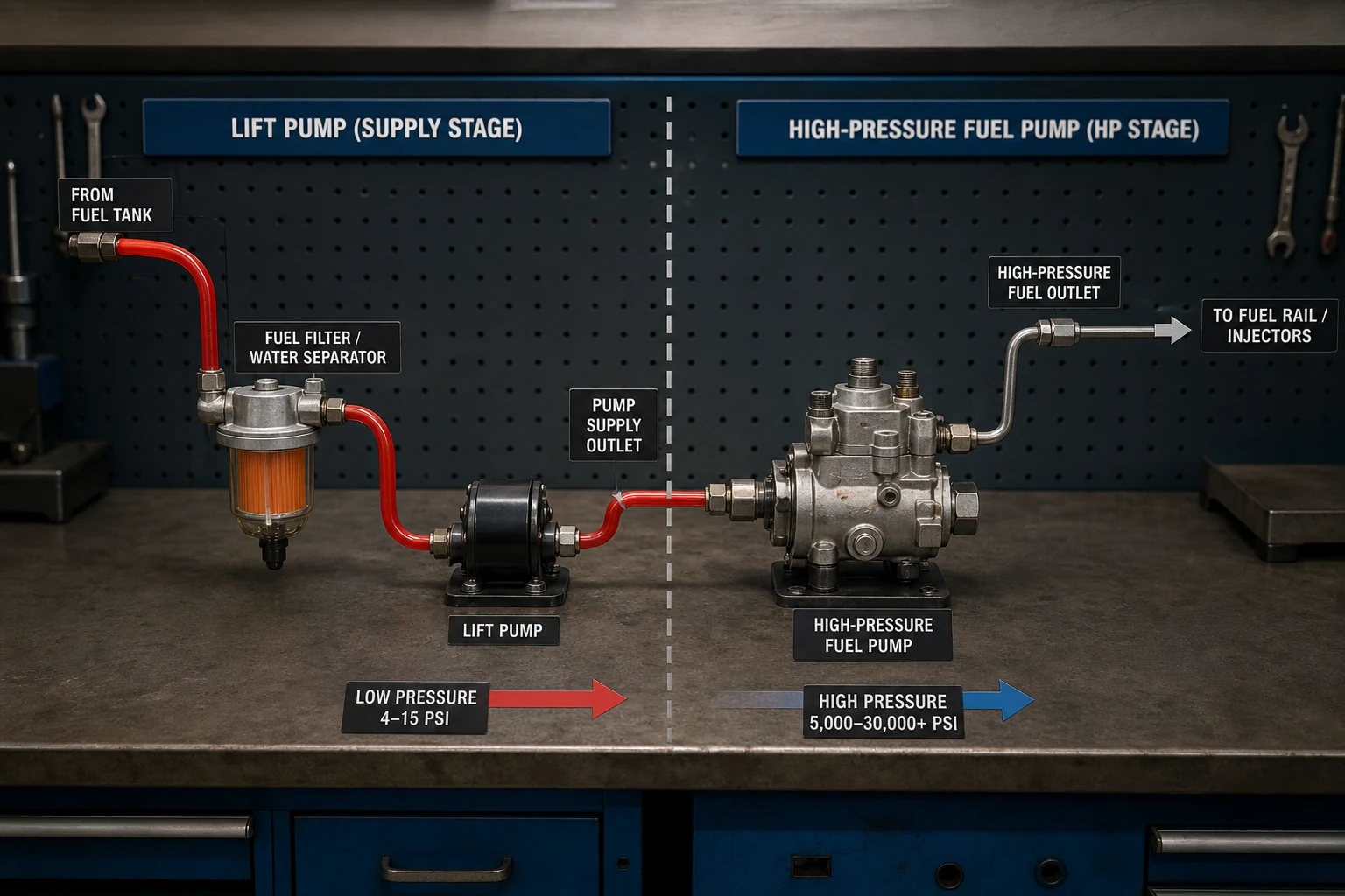 Lift pump supply stage versus high-pressure fuel pump stage on a service bench layout