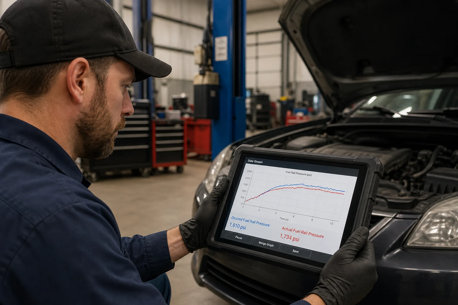 Technician comparing desired versus actual rail pressure during loaded acceleration
