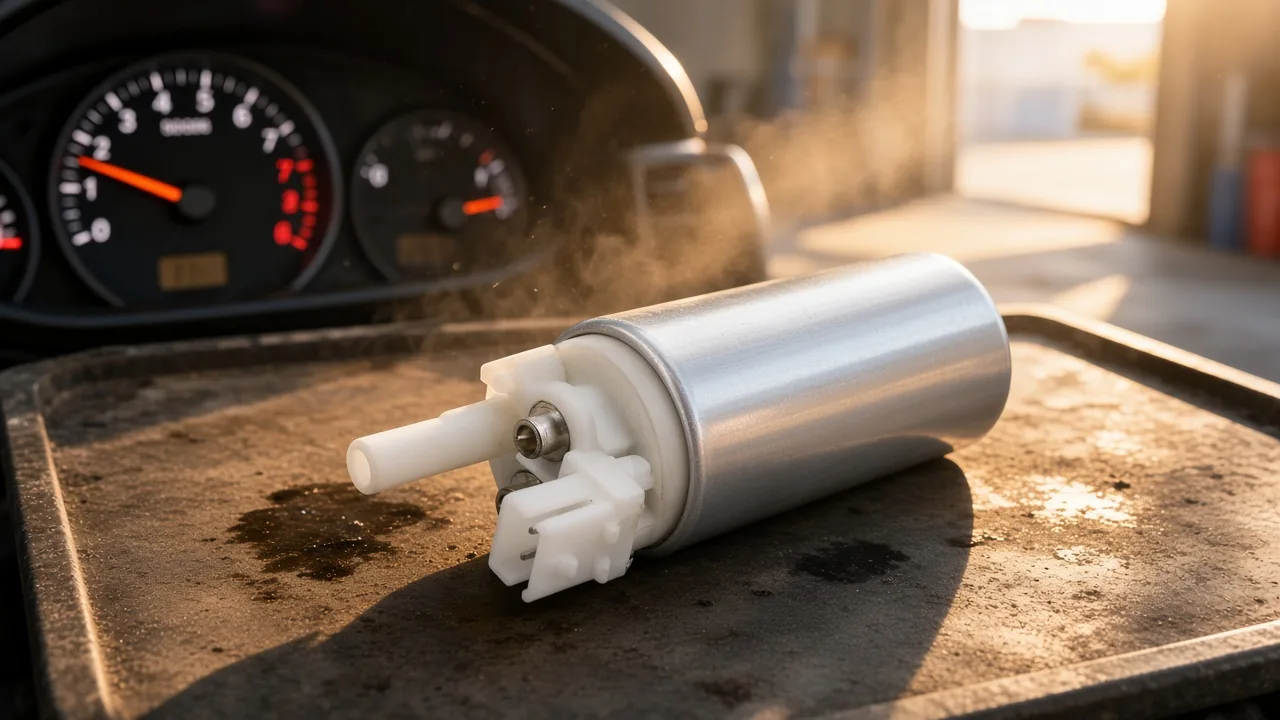 What Causes Car Fuel Pump to Fail? Fuel pump on a hot bench with a near-empty fuel gauge in the background