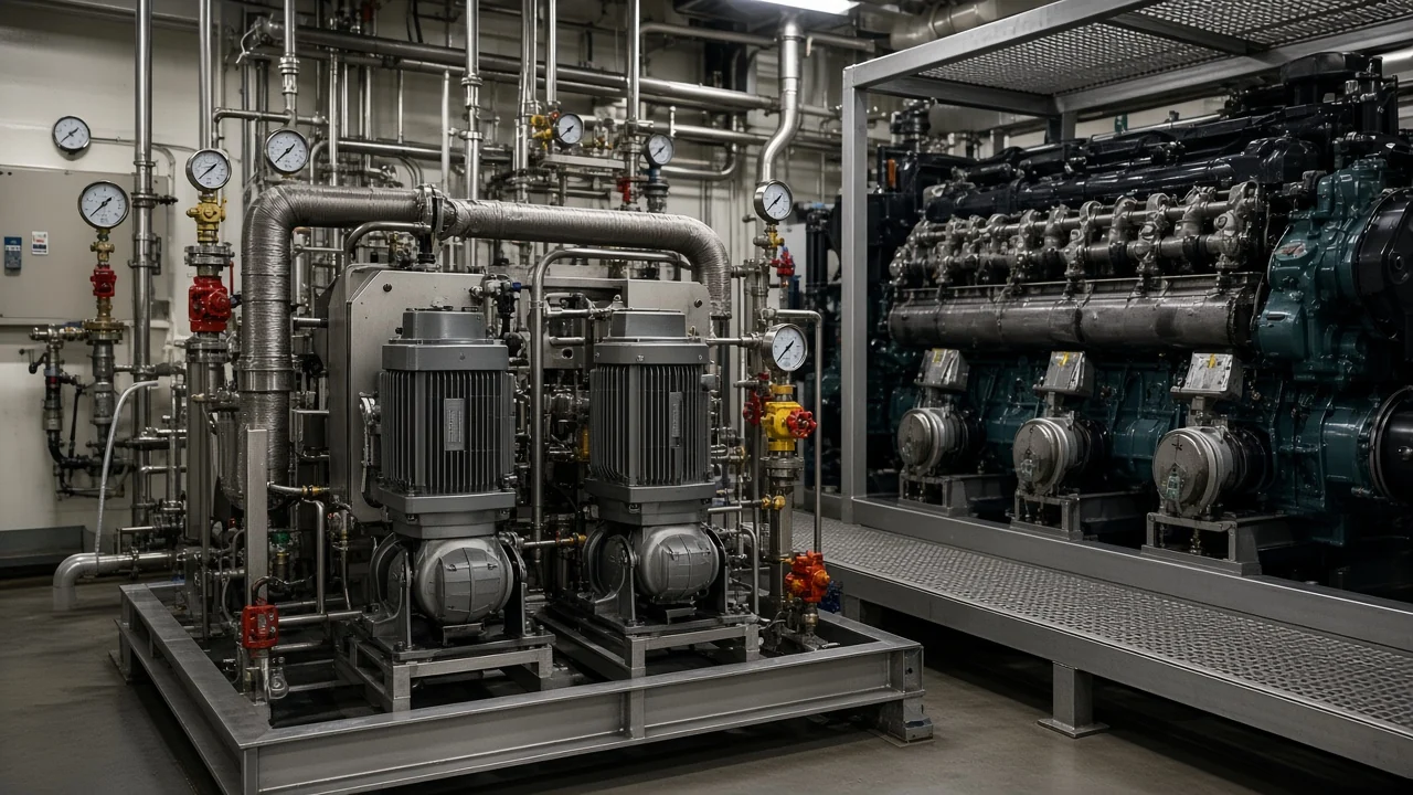 Marine diesel fuel feeder and booster module with engine-mounted injection pumps