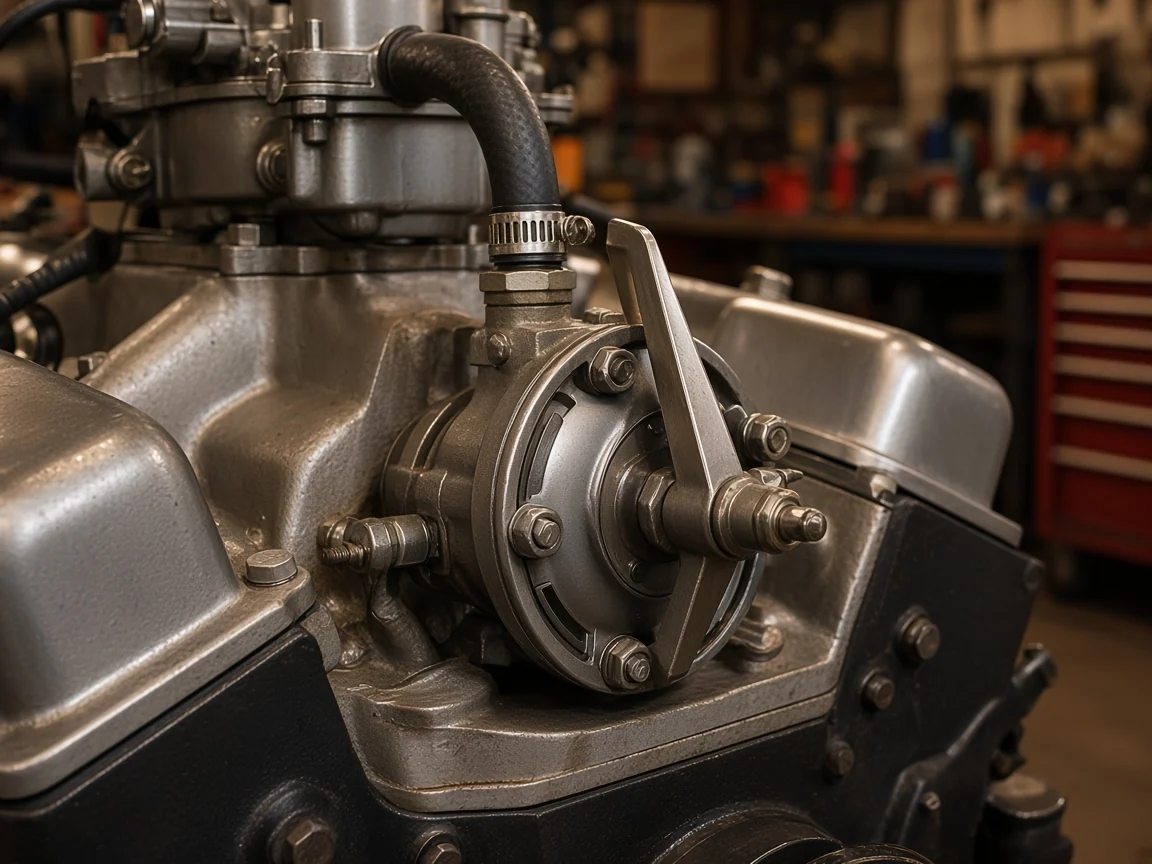 Cam-driven mechanical diaphragm fuel pump bolted to a carbureted petrol engine block