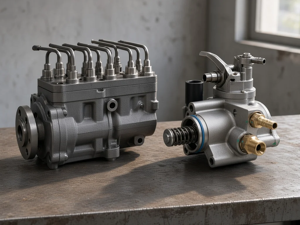 Inline injection pump and rotary distributor injection pump on a workbench