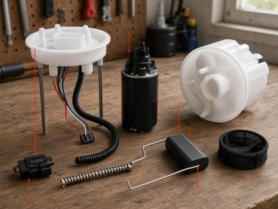 Electric Fuel Pump Parts Explained for Module Buyers Core electric fuel pump module parts arranged for identification