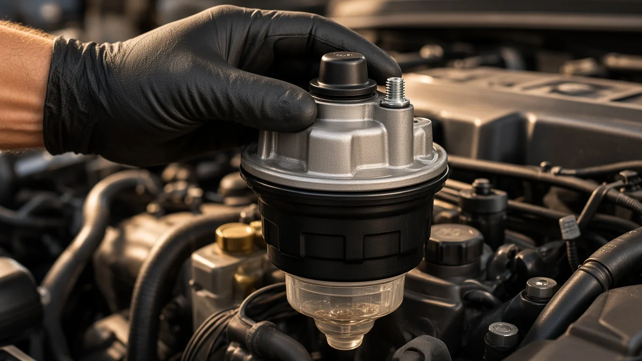 Diesel fuel filter head with water separator bowl and hand primer