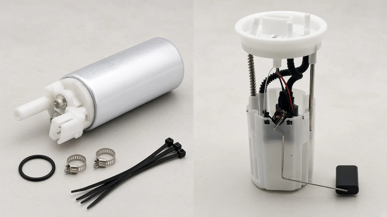 Electric Fuel Pump Parts Explained for Module Buyers Standalone electric fuel pump kit beside a complete fuel pump module assembly