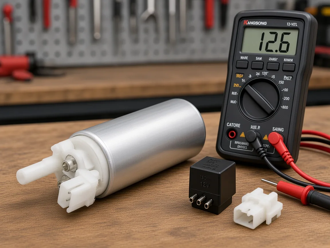 Digital multimeter near an illustrative automotive relay and fuel pump connector for coil voltage checks